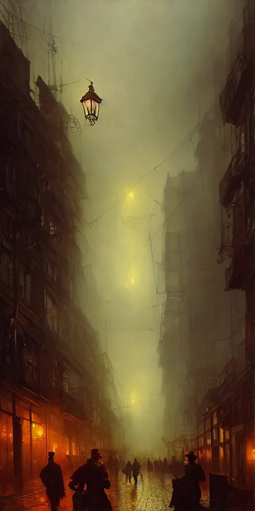 Image similar to a street of a city in 1 9 4 0 with yellow light on from the windows during the night, a men stand up under a light, steam punk, mystical red fog, oil on canvas, art by andreas achenbach, clemens ascher, tom bagshaw and sabbas apterus,