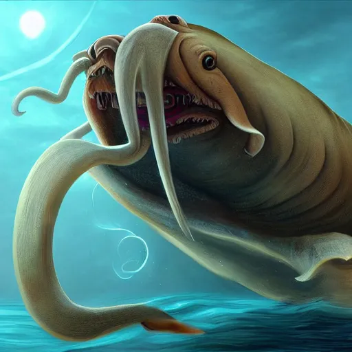 Image similar to A stunning digital painting of a walrus squid monster, professional digital art