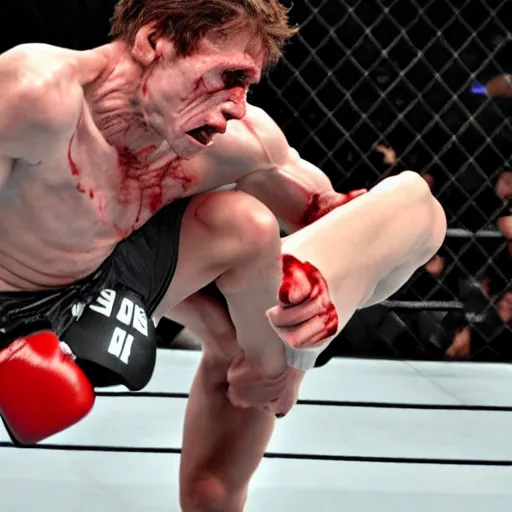 Image similar to willem dafoe versus jerma 9 8 5 fighting in a mixed martial arts game, 4 k, dramatic, blood, intense, realistic, full body