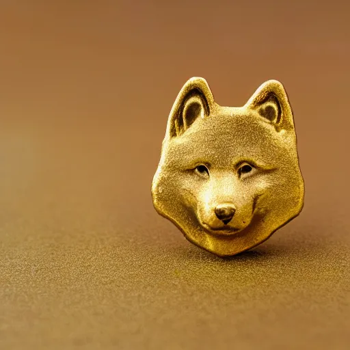 Prompt: an ancient roman gold coin with the face of a shiba inu, close up photo, ultra realistic, studio photo, bokeh.