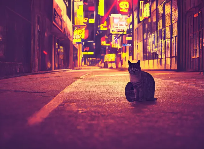 Image similar to photography of a Cat sitting on a box. in a cyberpunk street, award winning photo, led lighting, night, 24mm, sharp, high res