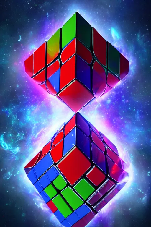 Image similar to four dimensional parallel universe cosmic rubik's cube hypercube tesseract with wormholes, energy and galaxies around it. epic, dramatic, cinematic, digital art, octane render, blender, 8 k, hyperrealistic, trending on artstation