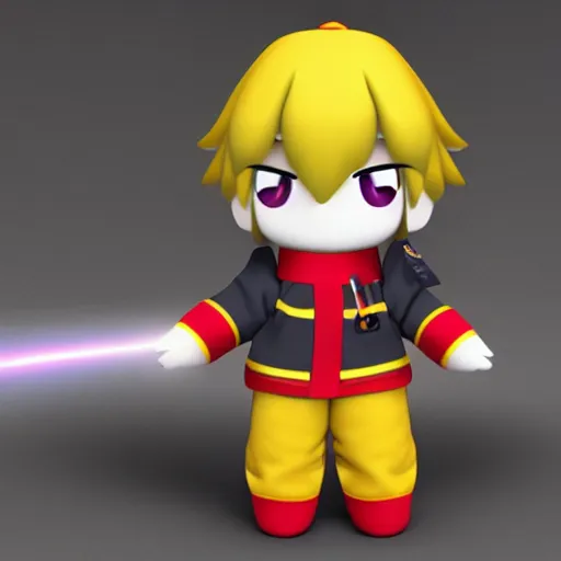 Image similar to cute fumo plush of a boy in a fireman uniform who casts fireballs, outline glow, lens flare, vray