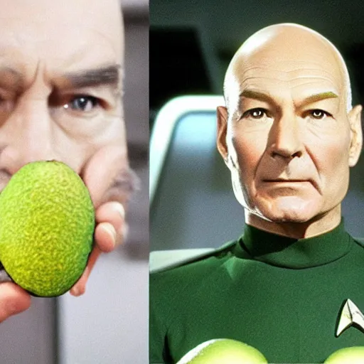 Image similar to an avocado as the captain of the enterprise in star trek the next generation, patrick stewart