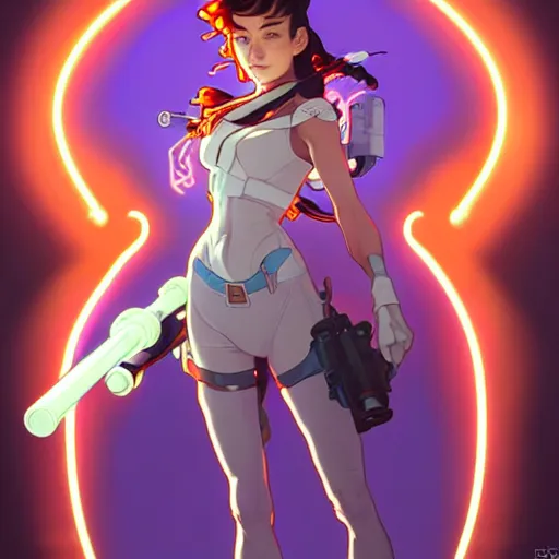 Image similar to a full body character design by artgerm, cushart krenz, ross tran, alphonse mucha. cute mad scientist girl!! shoulder mounted canon gun bazooka!! futuristic lab coat!! bold outline sharp edges. ultra clear detailed. 8 k. elegant, neon colors, dynamic angle, intricate complexity, epic composition, action pose, cinematic lighting masterpiece