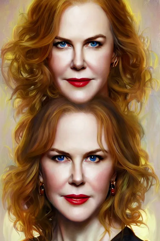 Image similar to portrait of nicole kidman, 8k, rich vivid colors, cinematic lighting, digital art, illustration, french noveau, alphonse mucha, artstation