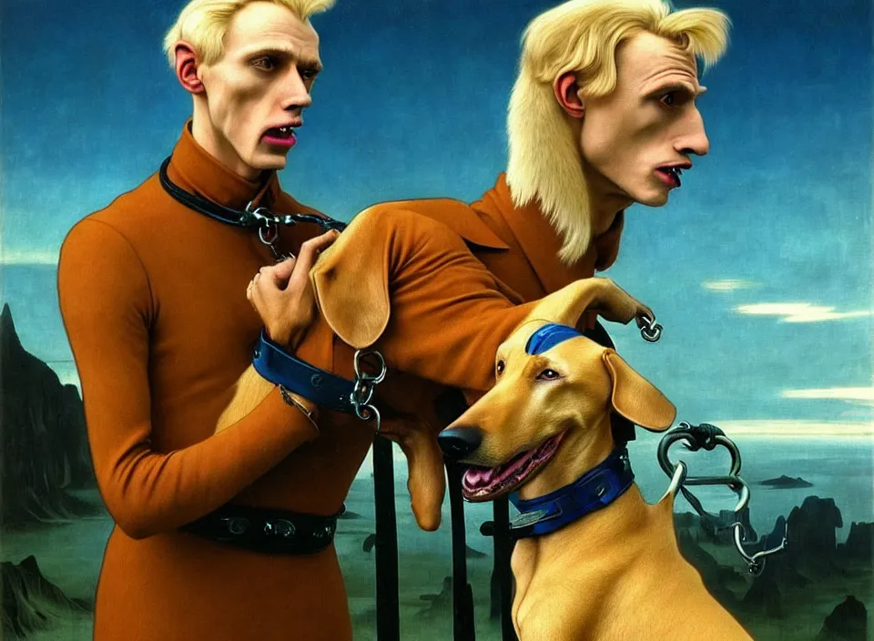 Image similar to realistic detailed portrait movie shot of an elegant blond male vampire with a doberman on a leash, sci fi landscape background by denis villeneuve, amano, yves tanguy, alphonse mucha, max ernst, caravaggio, roger dean, masterpiece, rich moody colours, dog teeth, blue eyes