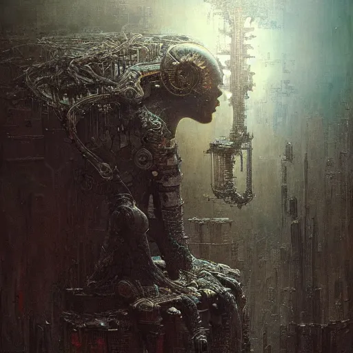 Prompt: a cyborg, dreaming of a better world, by gustave dore and gustave moreau and beksinski and giger and craig mullins and jeremy mann