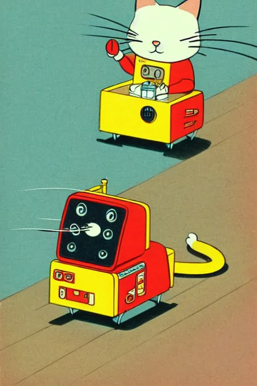 Image similar to by richard scarry. a cat chasing a robot mouse. a 1 9 5 0 s retro illustration. studio ghibli. muted colors, detailed