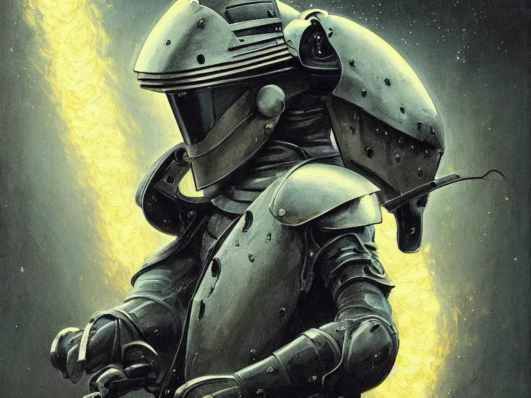 Image similar to a detailed profile painting of a bounty hunter in polished armour and visor. Fencing mask and sparks. cinematic sci-fi poster. Cloth and metal. Welding, fire, flames, samurai Flight suit, accurate anatomy portrait symmetrical and science fiction theme with lightning, aurora lighting clouds and stars. Clean and minimal design by beksinski carl spitzweg giger and tuomas korpi. baroque elements. baroque element. intricate artwork by caravaggio. Oil painting. Trending on artstation. 8k