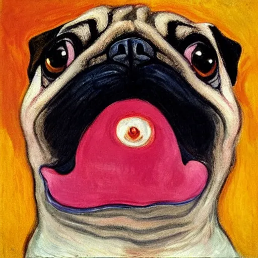 Image similar to a mouth-opened pug in shock , in the Style of The Scream , painted by Edvard Munch