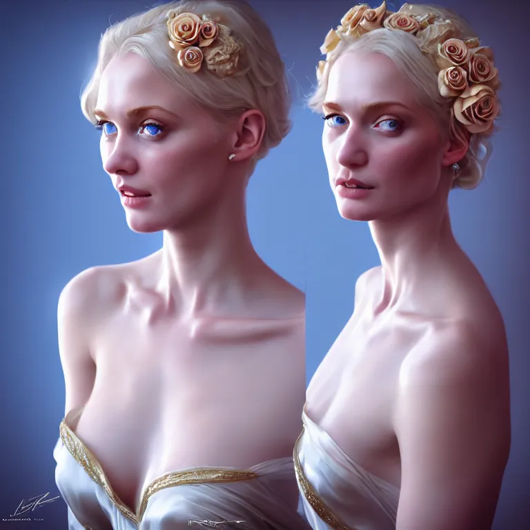 Prompt: neoclassical hyperrealistic mid shot portrait of a blonde high detail blue eyes woman with a beautiful body dressed with a majestic semi transparent silk cream roses long dress, ornate, intricate, detailed, dramatic light, award winning, artstation, octane render, meredit frampton style