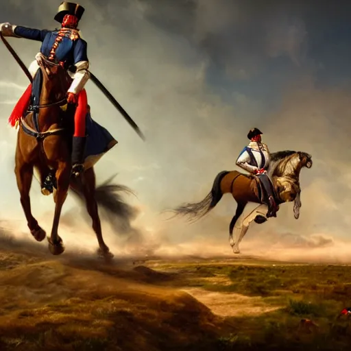 Prompt: gopro footage of napoleon on his horse fighting in waterloo, trending artstation, hyper realistic, very detailed, dramatic scene, realistic lighting, anime, 4 k