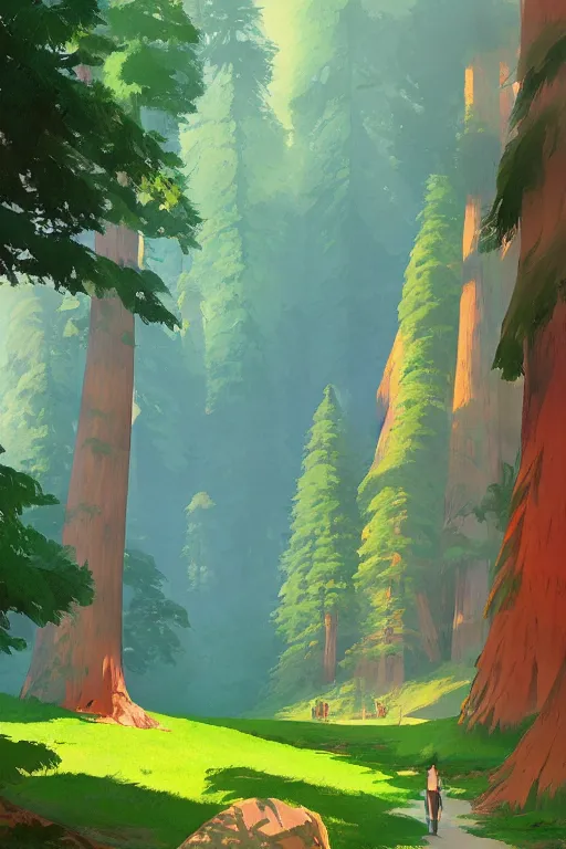 Image similar to Sequoia Park in a colorful moutain with beautiful trees ,morning , by studio ghibli painting, superior quality, masterpiece, traditional Japanese colors, by Grzegorz Rutkowski, concept art