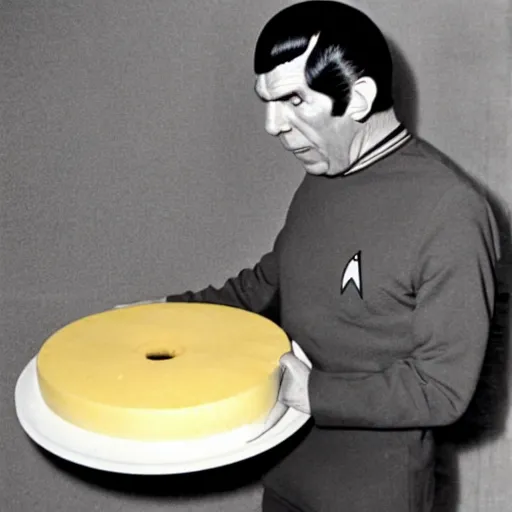 Image similar to spock eating a large wheel of cheese,