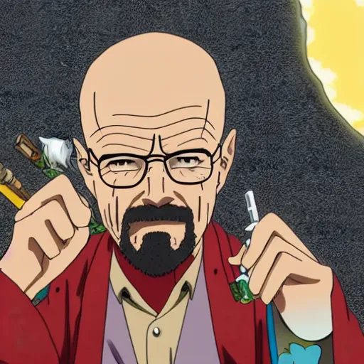 Image similar to walter white smoking a joint with jesse pinkman, in One Piece Anime Series, 4k Resolution.