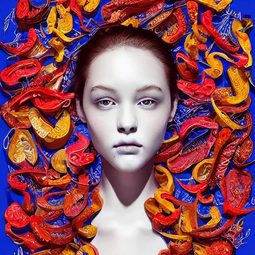 Image similar to the portrait of a beautiful, sophisticated, and elegant young woman made up of peppers, an ultrafine detailed illustration by james jean, intricate linework, bright colors, final fantasy, behance contest winner, vanitas, angular, altermodern, unreal engine 5 highly rendered, global illumination, radiant light, detailed and intricate environment