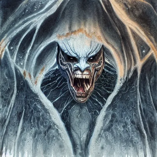 Prompt: the Balrog of Morgoth, detailed watercolour, charcoal painting by Hiro Isono