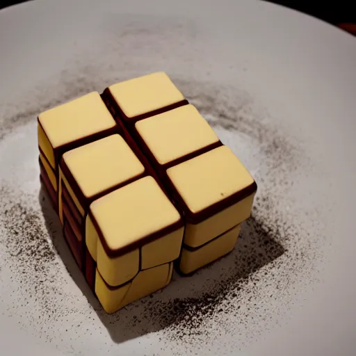 Prompt: Dessert shaped like a rubix cube, Michelin star restaurant food photography