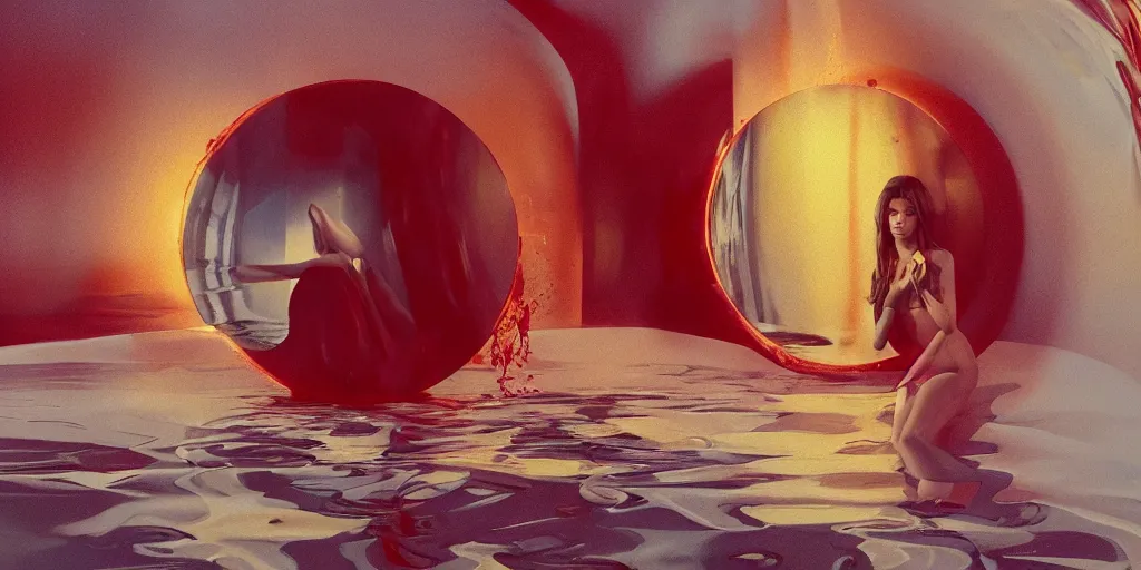 Image similar to Emily Ratajkowski with beautiful face and full body laying in a blood red pool of water between a bright golden glowing mirror frame, outside is space and inside the mirror frame is a beautiful landscape. Hyperrealistic surreal 4K IMAX Rene Margritte intricate, elegant, highly detailed, digital painting, artstation, concept art, smooth, sharp focus, illustration, art by artgerm and greg rutkowski and alphonse mucha