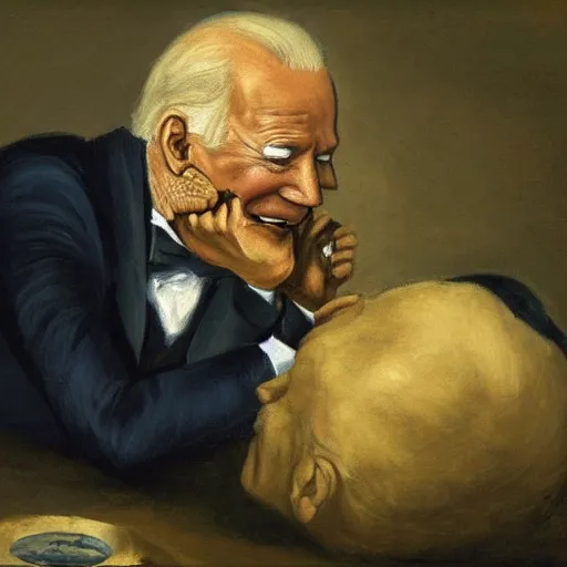 Image similar to painting of Joe Biden devouring Mitch McConnell, by Goya