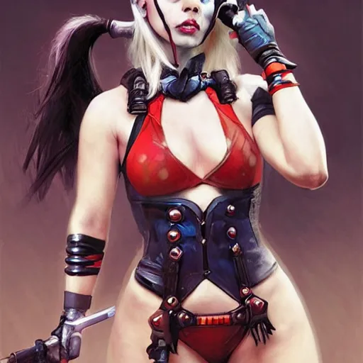 Image similar to portrait of cute Harley Quinn in bikini armor, dc comics, cyberpunk, Warhammer 40000, dark fantasy, digital art from artstation by Ruan Jia and Mandy Jurgens and Artgerm and william-adolphe bouguereau
