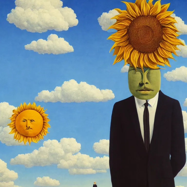 Image similar to portrait of a faceless sunflower - head man in a suit, clouds in the background, by rene magritte, detailed painting, distance, centered, hd, hq, high resolution, high detail, 4 k, 8 k