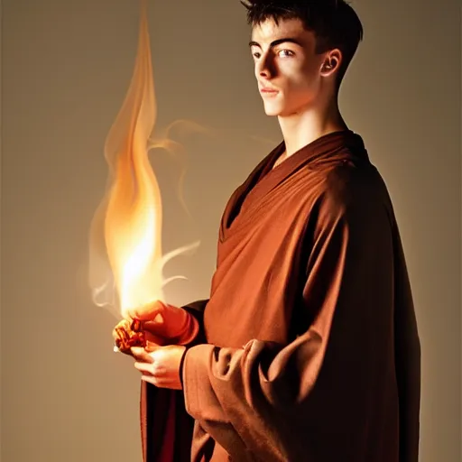 Prompt: attractive kai havertz wearing monk robes holding incense burner. natural lighting by ruan jia, portrait