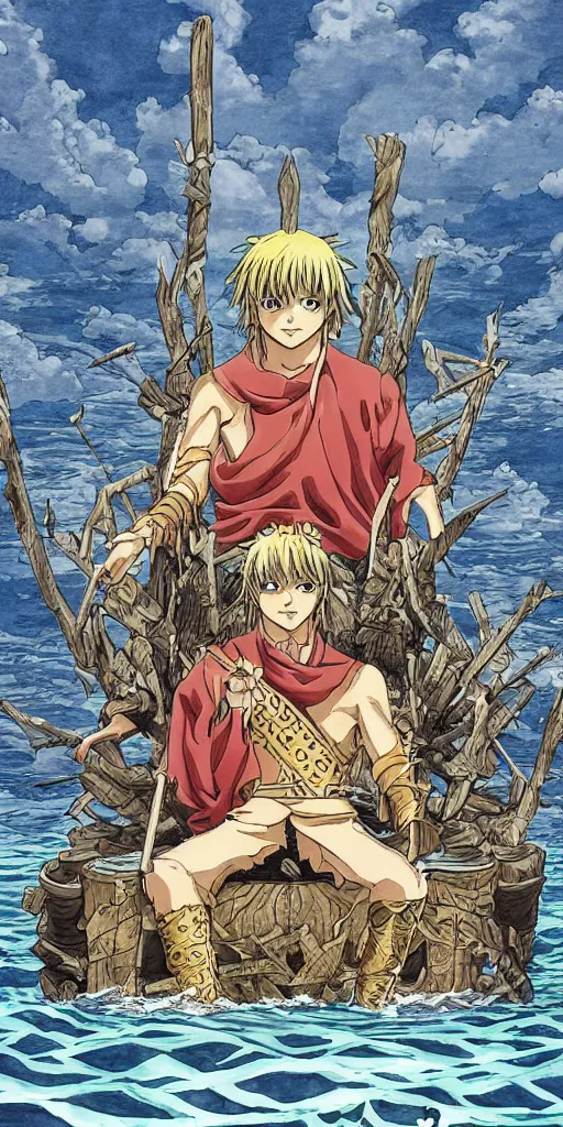 Prompt: a single lone king sitting on a throne floating on water in the middle of a lake drawn by Makoto Yukimura in the style of Vinland saga anime, full color, detailed, wide angle