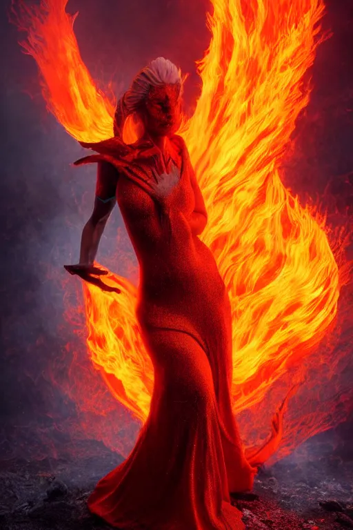 Image similar to dslr photograph of a eldritch volcanic fire goddess clothed in a flaming gown, volcanic embers, magma, diffused lighting, hyperrealism, fantasy character art by laura zalenga and alexander holllow fedosav, 8 k dop dof hdr