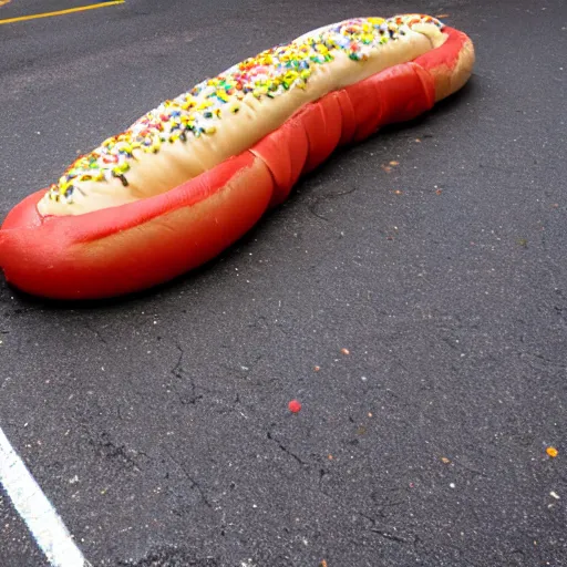 Prompt: giant hotdog laying in the street