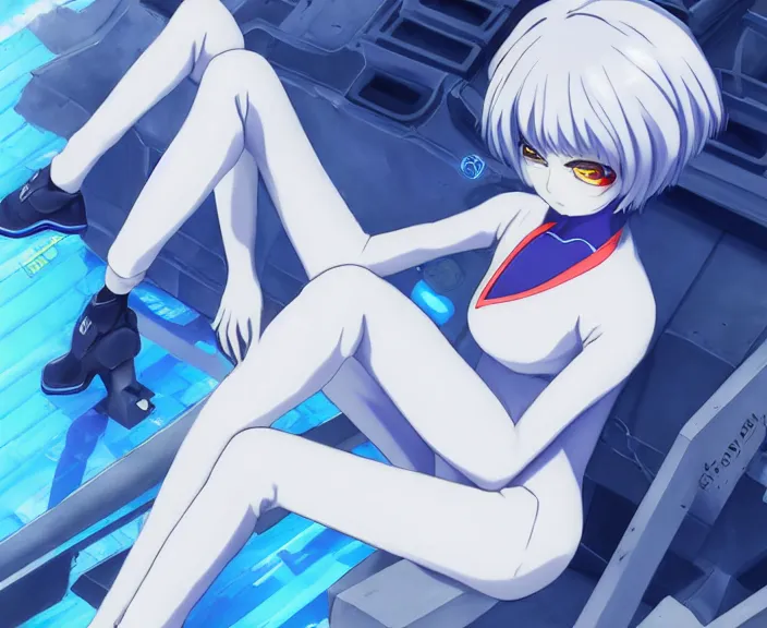 Image similar to anime art, fullbody shot of female rei ayanami, evangelion, long blue hair and large eyes, finely detailed perfect face, in a pale skintight plugsuit, sitting on rooftop, flooded city, trending on pixiv fanbox, by ilya kuvshinov, sola digital arts,, raytracing