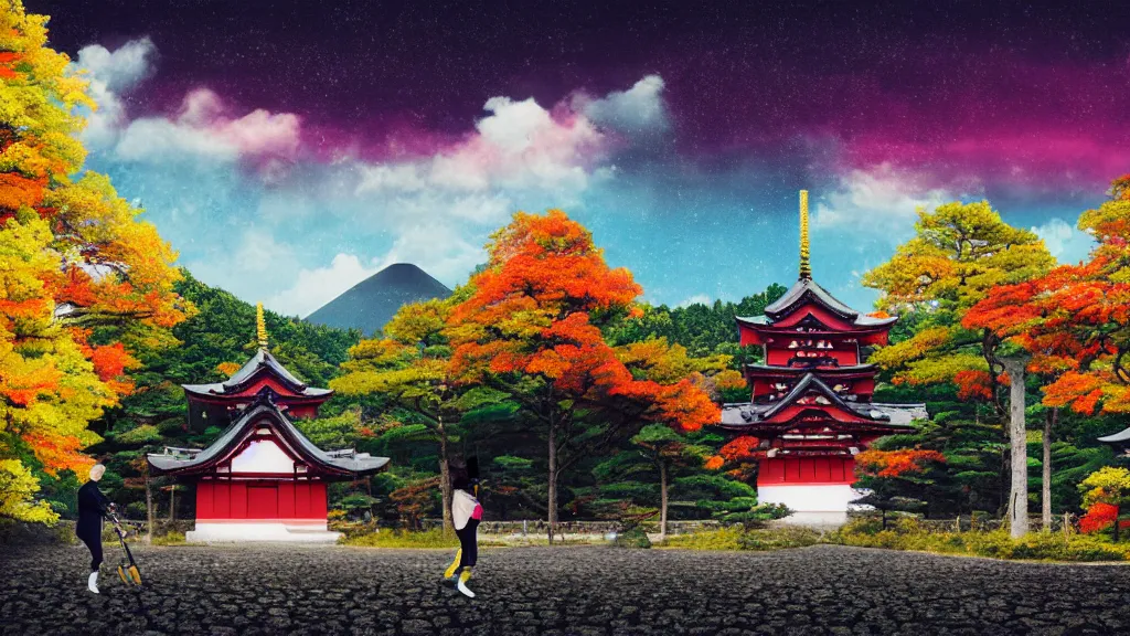 Image similar to a german photographer with dslr, at a vast temple under a vivid autumn sky, aomori japan, a collage painting, in the style of wes anderson, lola dupre, david hockney, isolated on negative white space background dark monochrome neon spraypaint accents volumetric octane render