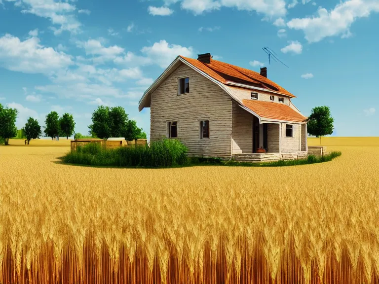 Image similar to hyperrealism concept art design of beautiful house in small ukrainian village, wheat field behind the house