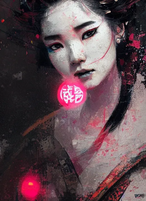 Image similar to female geisha girl, beautiful face, neon, rule of thirds, intricate outfit, spotlight, by greg rutkowski, by jeremy mann, digital painting