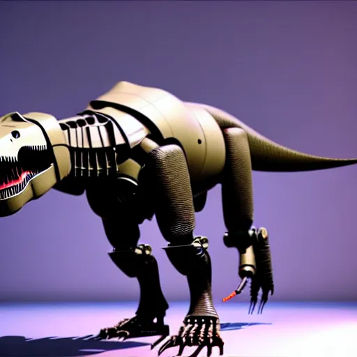 Image similar to a !robot! controlling a t-rex, the t-rex walks peacefully in a lab, octane render, 3D, award-winning, as coherent as Dall-E 2