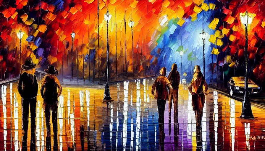 Prompt: painting afremov leonid evening landscape in the city and two people on the road