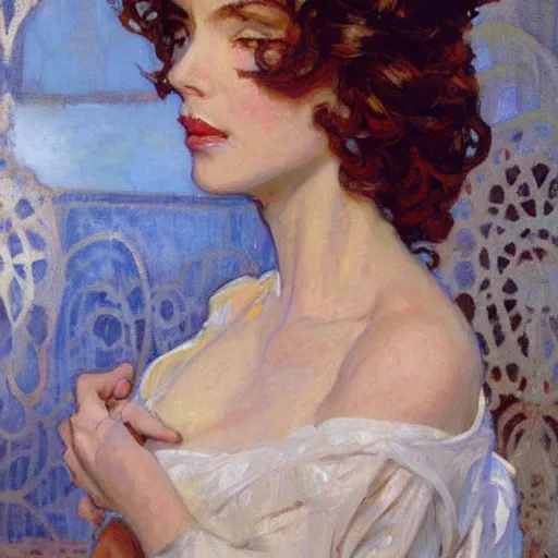 Prompt: portrait of a beautiful woman, intricate, elegant, highly detailed, by gil elvgen, greg manchess, mucha