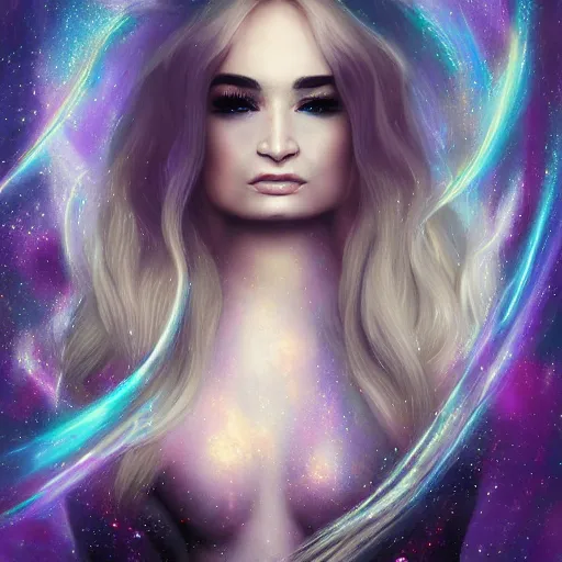 Image similar to an epic cinematic ethereal portrait made of stardust of kim petras with her eyes closed as part of the fabric of the universe and existence, galaxies, stars, nebulas, artstation trending, visionary art, oil painting, cgsociety, instagram