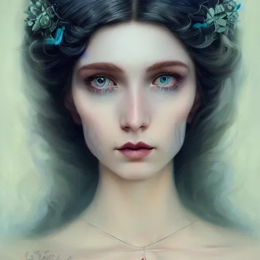 Prompt: tom bagshaw portrait, very beautiful dollpunk in a full dress and long hair, professionally retouched, perfect blue eyes, ultra realistic soft painting, soft facial traits, perfectly detailed linework, symmetrical accurate intricate features, highly detailed, artstation, sharp focus