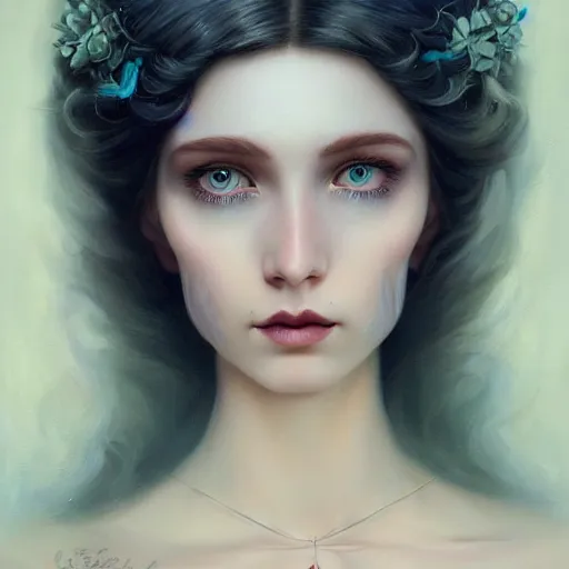 Image similar to tom bagshaw portrait, very beautiful dollpunk in a full dress and long hair, professionally retouched, perfect blue eyes, ultra realistic soft painting, soft facial traits, perfectly detailed linework, symmetrical accurate intricate features, highly detailed, artstation, sharp focus