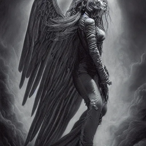 Image similar to Photorealistic dark angel in the style of Michael Whelan and Gustave Dore. Hyperdetailed photorealism, 108 megapixels, amazing depth, glowing rich colors, powerful imagery, psychedelic Overtones, 3D finalrender, 3d shading, cinematic lighting, artstation concept art