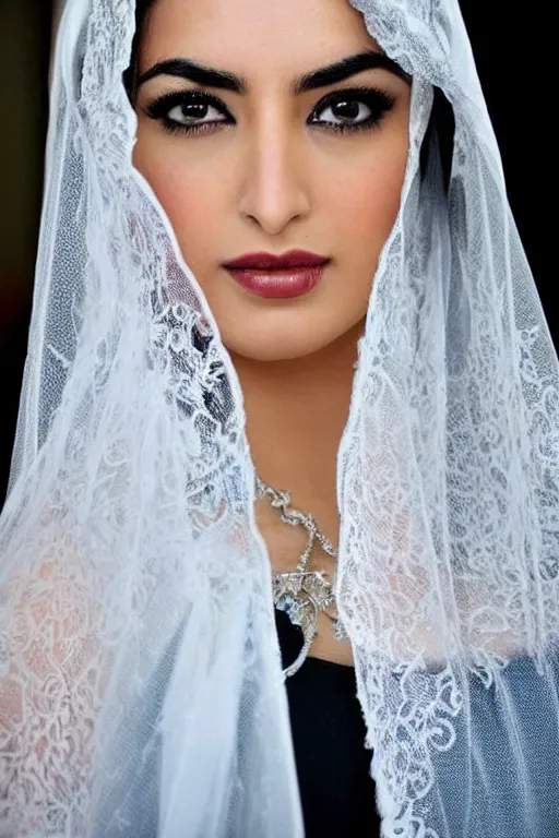 Image similar to Ameera al-Taweel, blue eyes, long wavy black hair, fierce look, white veil, closeup, focus face