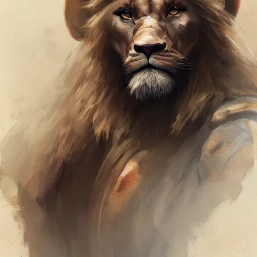 Prompt: A portrait of anthropomorphized Lion, muscular, fantasy art, art by greg rutkowski, matte painting, trending on artstation