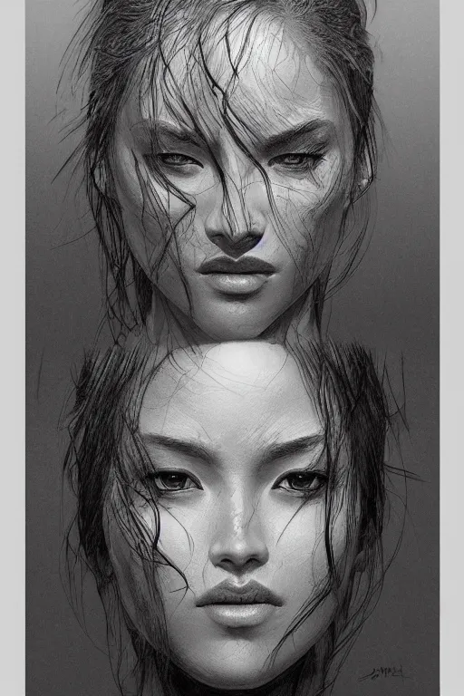 Image similar to female head portrait album cover hyper detailed concept art sheet crosshatch sketch illustration art style by Jonathan Wayshak and Toshihiro Egawa and Zdizslaw Beksinski and Artstation trending 8k