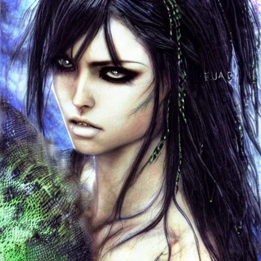 Image similar to female warrior, black hair, gorgeous green eyes, cinematic, by luis royo