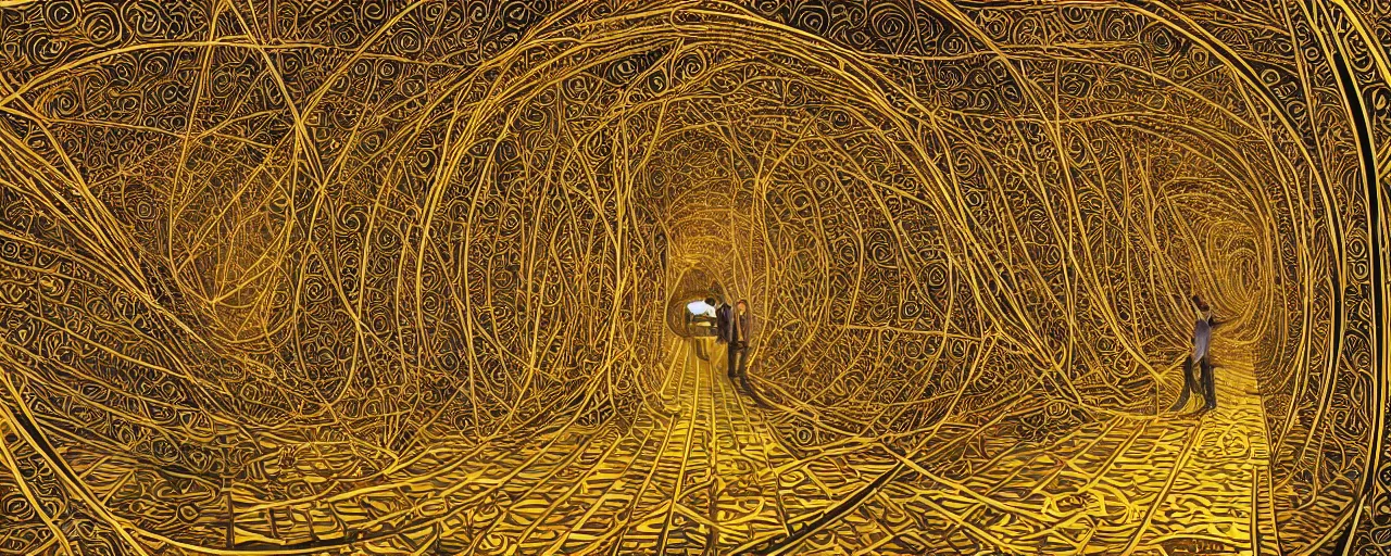 Image similar to vivid illustration of a person choosing between tunnels inside a highly intricate torus with detailed golden ornamentation and golden light, choosing between pathways