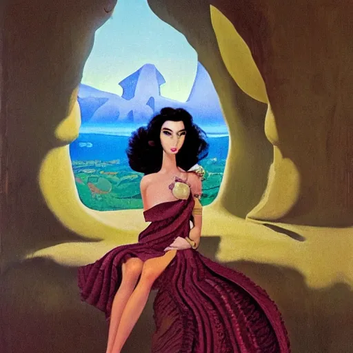Image similar to a oil painting of a fair skin with dark curly stylised hair queen wearing dress, by hans emmenegger, by bruce pennington, by eyvind earle, by nicholas roerich, by georgia o keeffe, highly detailed, realistic, concept art, jewels, tiles curtains, oriental, desaturated