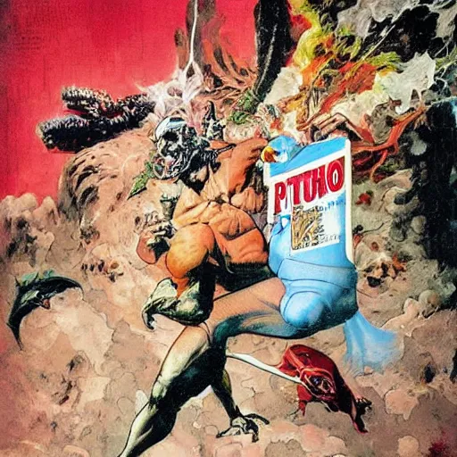 Prompt: the anthropomorphic representation of pi, frazetta and vallejo