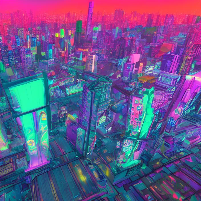 Image similar to wide ((wide)) photo of surreal city sky line (((dynamic neon lighting)) in chromatic dmt trippy style of fear and loathing unreal engine 50mm photorealistic